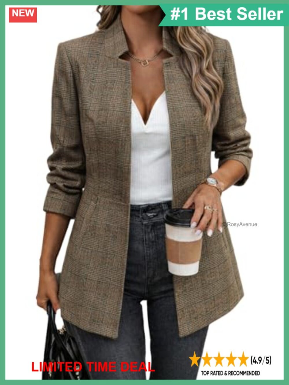 Womens Tweed Blazer Long Open Front Jacket Business Casual Plaid